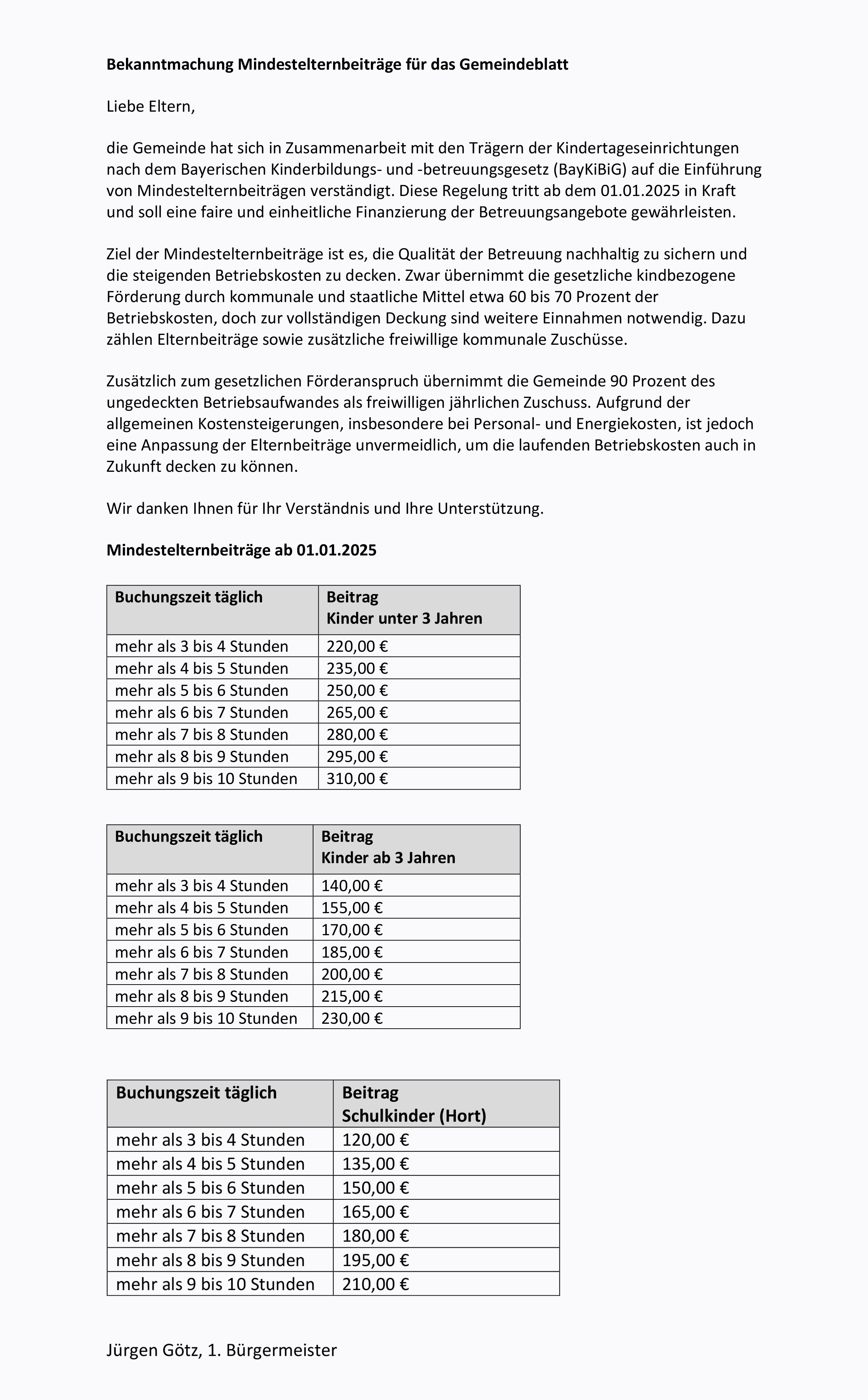 Mindestelternbeiträge ab 01.01.2025